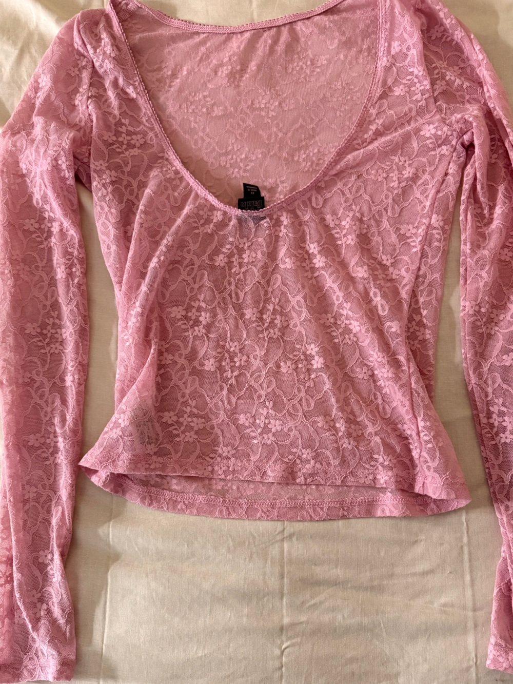 See through long-sleeve pink lace top